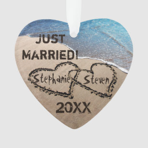 Just Married! Two Hearts In Sand Ornament