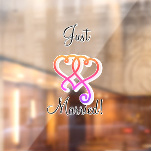 Just Married Two Linked Swirly Rainbow Hearts Car Window Cling
