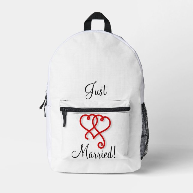 Just Married Two Linked Swirly Red Hearts Printed Backpack (Front)