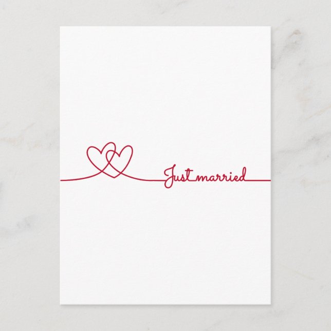 Just married, two red hearts line darwing announcement postcard (Front)