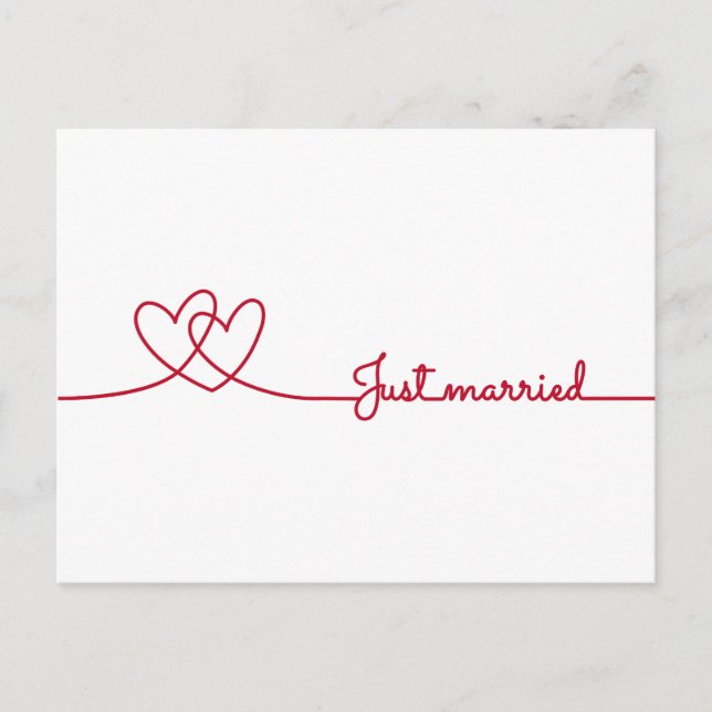 Just married, two red hearts line darwing announcement postcard (Front)