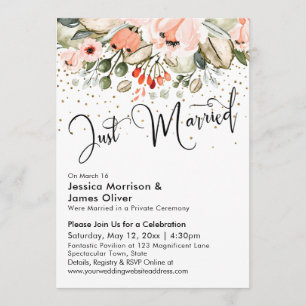 Just Married Typography Blush Floral Gold Confetti Invitation