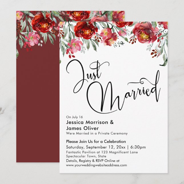 Just Married Typography Burgundy Red Floral Invitation (Front/Back)