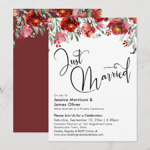 Just Married Typography Burgundy Red Floral Invitation