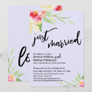 Just Married Typography Floral Watercolor Lavender Invitation
