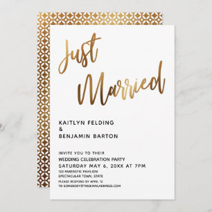 Just Married Typography Gold Wedding Reception Invitation