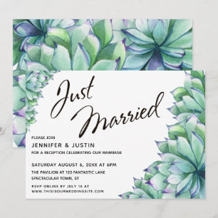 Just Married Typography w/ Watercolor Succulents Invitation