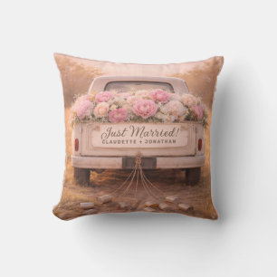 Just Married Vintage Truck Blush Floral Wedding Cushion