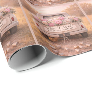 Just Married Vintage Truck Blush Floral Wedding Wrapping Paper