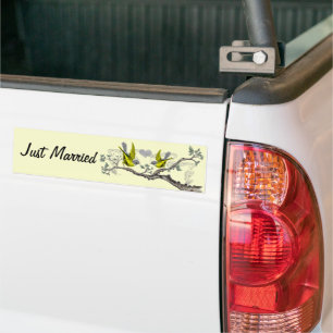 Just Married Vintage Yellow Winged Grey Birds Bumper Sticker