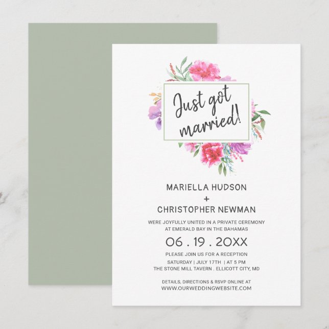 Just Married Watercolor Bouquet Reception Only Invitation (Front/Back)
