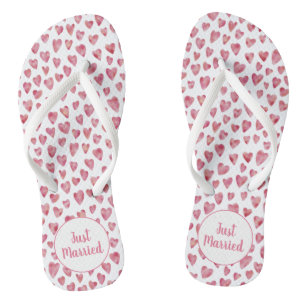 Just Married Watercolor Heart Honeymoon Flip Flops