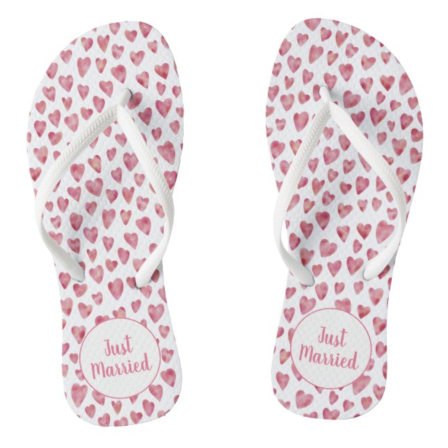 Just Married Watercolor Heart Honeymoon Flip Flops (Footbed)
