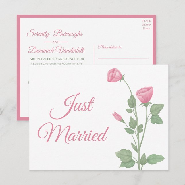 Just Married Watercolor Pink Floral Wedding Announcement Postcard (Front/Back)