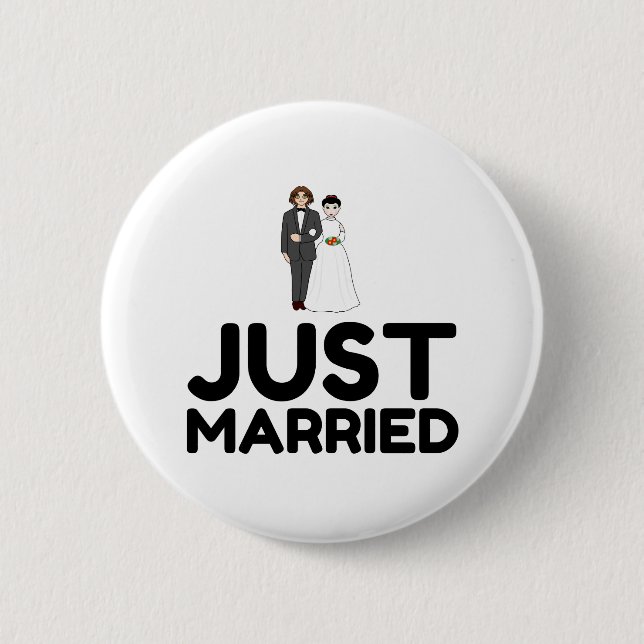 JUST MARRIED WEDDING BRIDE GROOM 6 CM ROUND BADGE (Front)