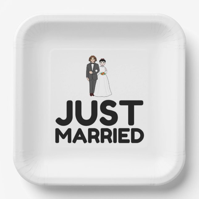 JUST MARRIED WEDDING BRIDE GROOM PAPER PLATE (Front)