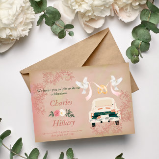 Just Married Wedding Car and Flying Doves Invitati Invitation