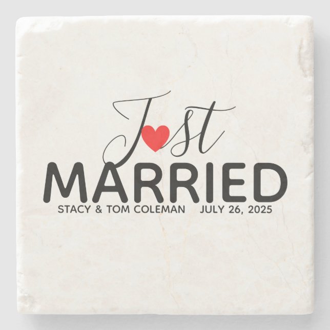 Just Married Wedding Custom Stone Coaster (Front)