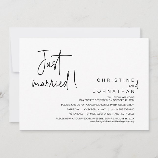 Just Married, Wedding Elopement Dinner Party Invit Invitation (Front)