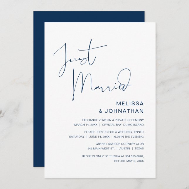 Just Married, Wedding Elopement Party, Navy Blue Invitation (Front/Back)