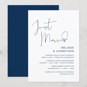 Just Married, Wedding Elopement Party, Navy Blue Invitation