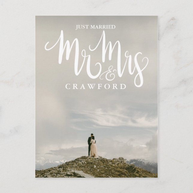 Just Married Wedding Elopement White Calligraphy Postcard (Front)