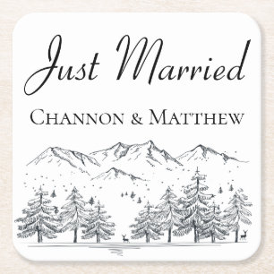 Just Married Wedding Mountain Rustic Country Square Paper Coaster