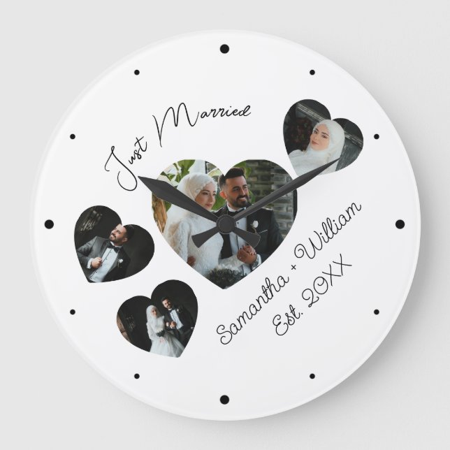 Just Married Wedding Photo Collage Wall Clock (Front)