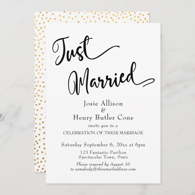 Just Married Wedding Reception, Gold Confetti Invitation (Front/Back)