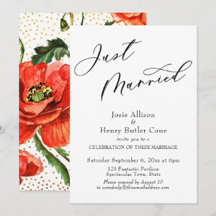Just Married Wedding Reception, Red Poppies Invitation