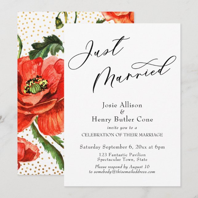 Just Married Wedding Reception, Red Poppies Invitation (Front/Back)