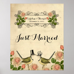 just married wedding sign poster lovebirds