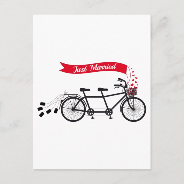 Just married, wedding tandem bicycle announcement postcard (Front)
