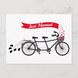 Just married, wedding tandem bicycle announcement postcard
