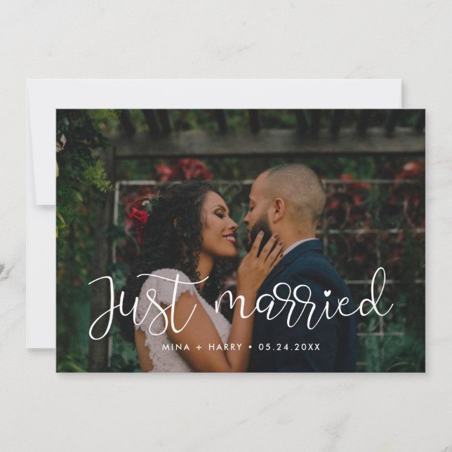 Just married Whimsical wedding photo card (Front)