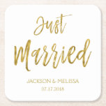Just Married White and Gold Foil Coasters<br><div class="desc">Just Married White and Faux Gold Foil Coasters which are perfect for a White and Gold Wedding Reception.The custom napkins allow the ability to update the bride and grooms name and wedding date.</div>