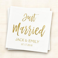 Just Married White and Gold Foil Napkins