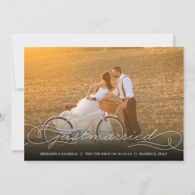Just Married White Wedding Announcement Photo Card (Front)
