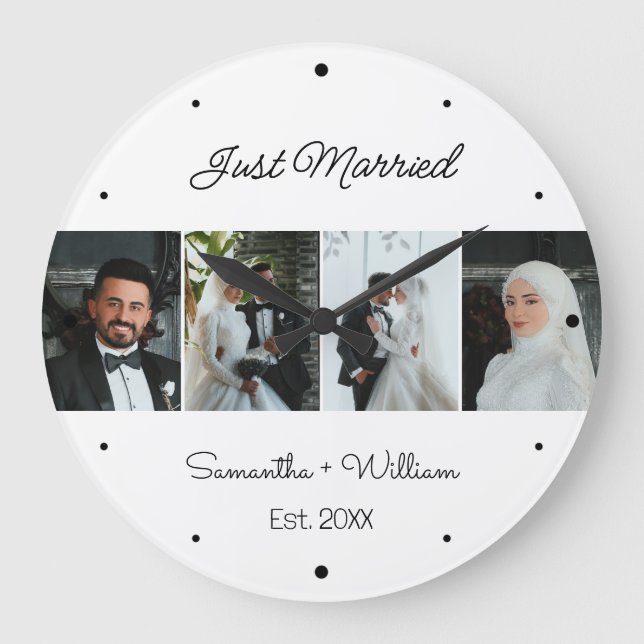 Just Married with Custom Names & Photos Large Clock (Front)