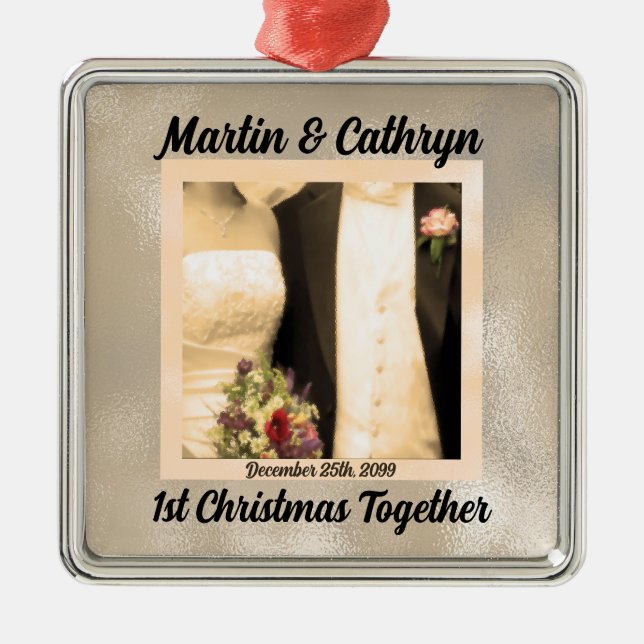 Just Married with Name and Year 1st Christmas Metal Tree Decoration (Front)