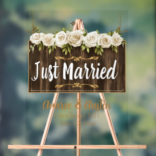 Just Married Wood Sign White Roses