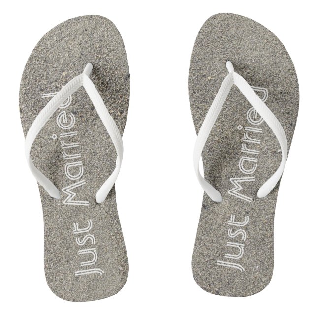 Just Married written in the Beach Sand Flip Flops (Footbed)