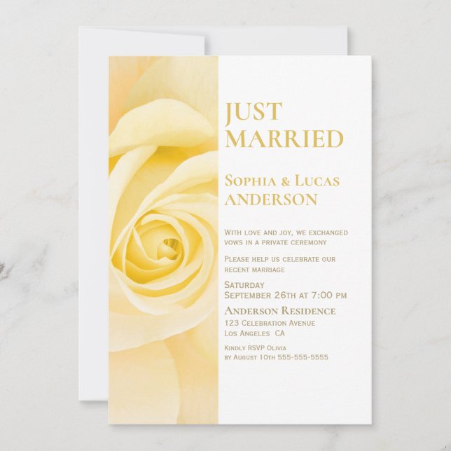 Just Married Yellow Rose Wedding Reception Invitation (Front)