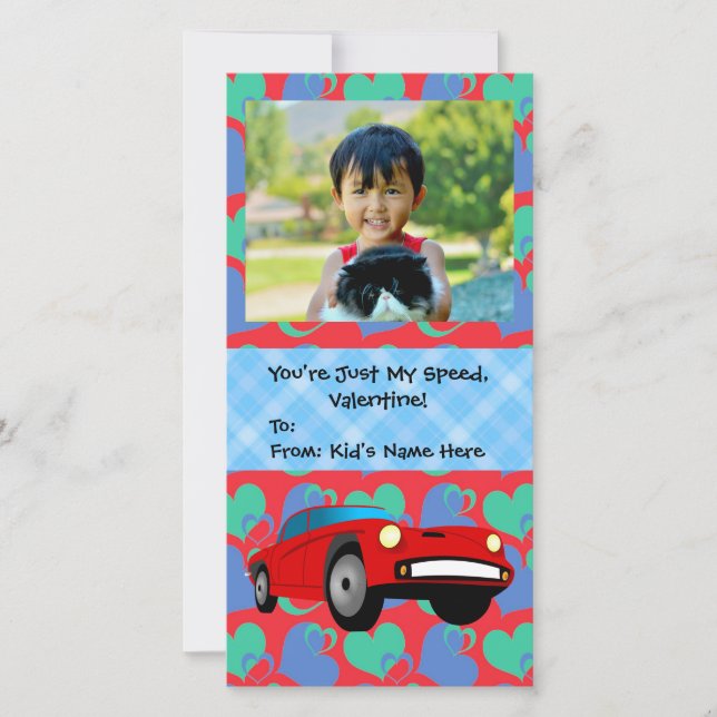 Just My Speed, Race Car Boys Kids Valentine Holiday Card (Front)