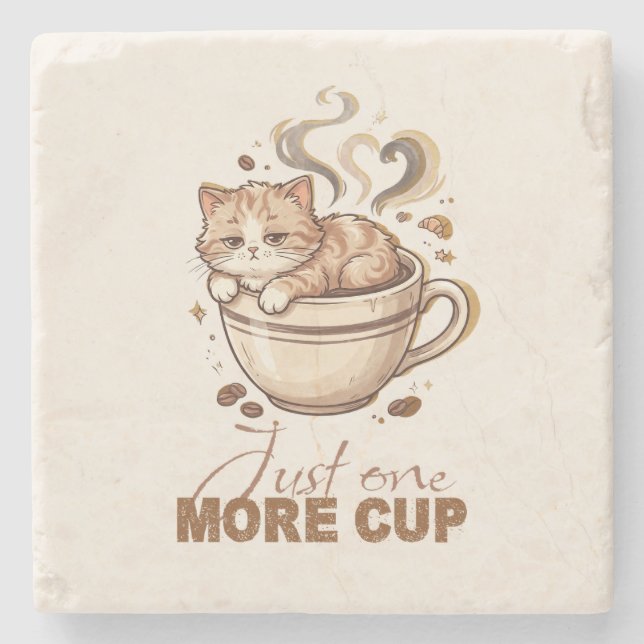 Just One More Cup Funny Cat Coffee Marble Coaster (Front)