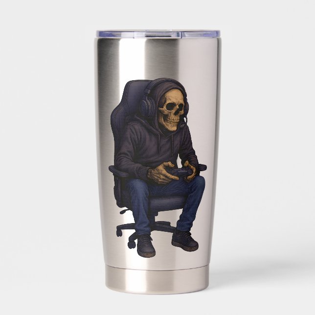 Just One More Gamer Skeleton | Gaming Dark Humor Insulated Tumbler (Front)