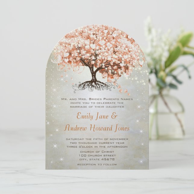Just Peachy Coral Heart Leaf Tree Wedding Invites (Standing Front)