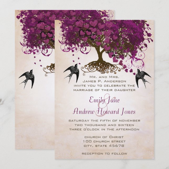 Just Peachy Sangria Heart Leaf Tree Wedding Invite (Front/Back)