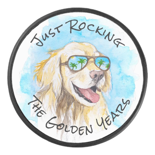 Just Rocking The Golden Years Funny Pun Retirement Hockey Puck (Front)