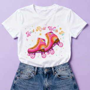 Just Roll With It Roller Skating Teen Retro Pink Tri-Blend Shirt